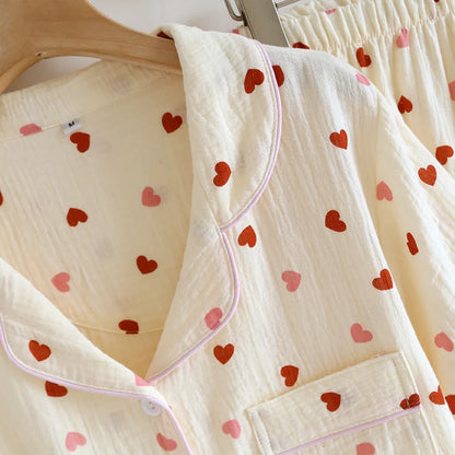 2025 New Summer Pajama Set 100% Cotton Crepe Love Short Sleeves+Shorts+Pants Three Piece Buckle Cute Home Fury Ladies Sleepwear