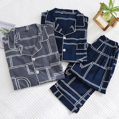 Spring and summer new men's pajamas long-sleeved trousers two-piece set 100% viscose thin homewear set cardigan large size sleep