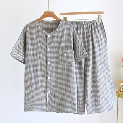2025 Spring/Summer Couple Pajama Set 100% Cotton Gauze Short Sleeves+Capris Two Piece Men's and Women's Checkered Home Fur
