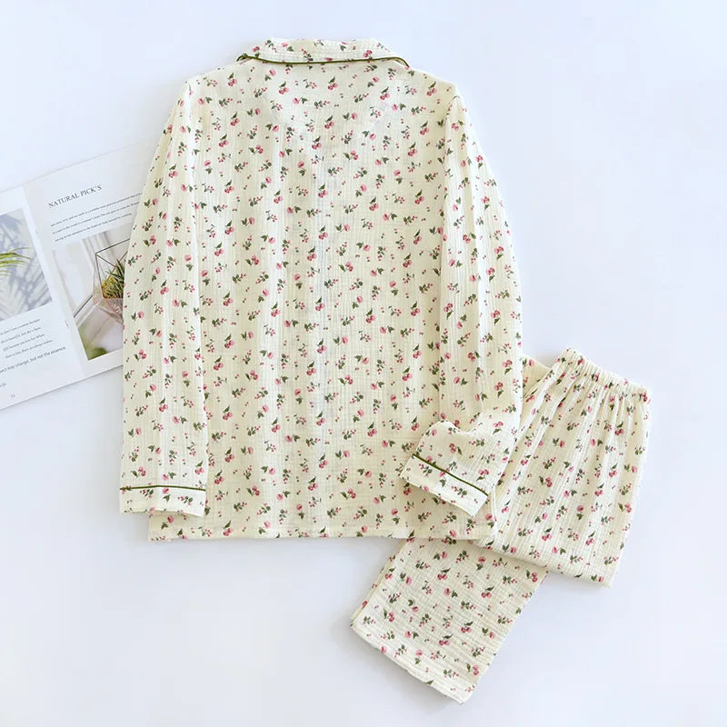 2025 Spring and Autumn Women's Pajama Set 100% Cotton Crepe Long sleeved Pants Two piece Cute and Sweet Home Fury Set Ladies