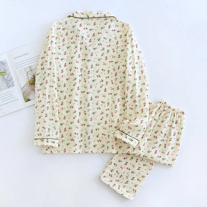 2025 Spring and Autumn Women's Pajama Set 100% Cotton Crepe Long sleeved Pants Two piece Cute and Sweet Home Fury Set Ladies