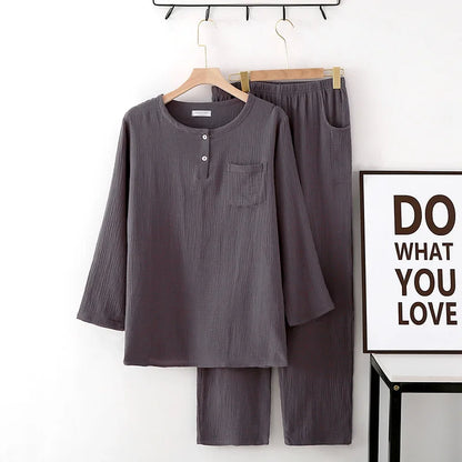 Spring and summer new style men's pajamas suit 100% cotton crepe two button long sleeved trousers two-piece leisure home suit