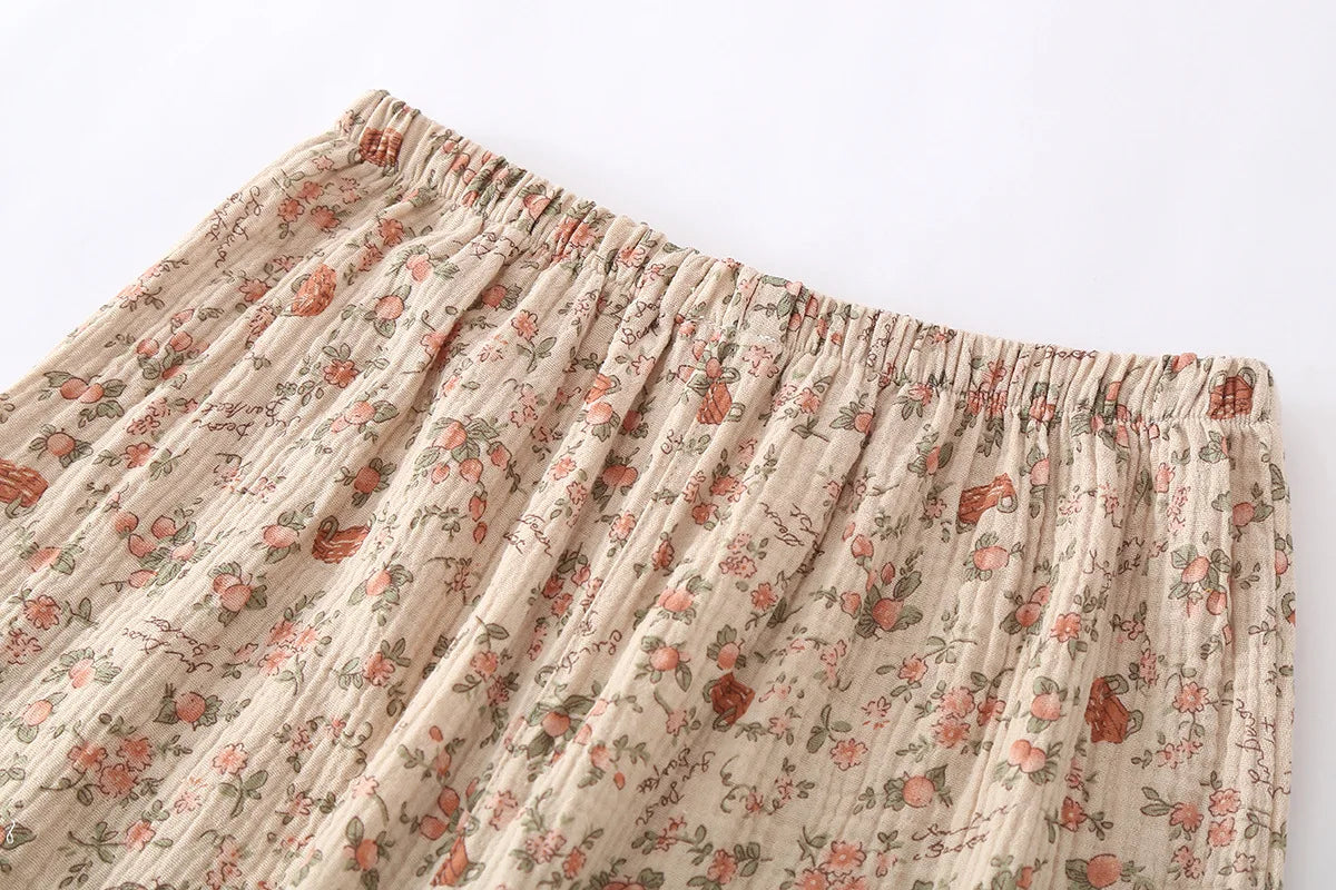 2025 Spring/Summer Women's New Pajama Set 100% Cotton Crepe Short Sleeves+Pants Flip Collar Vintage Flower Simple Homewear