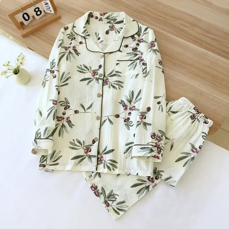 New large size pajamas women cotton crepe home service cotton long sleeve trousers suit simple and comfortable summer and autumn