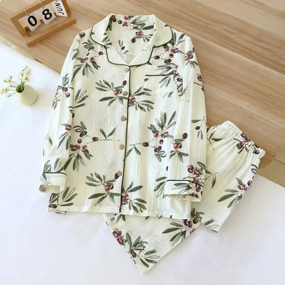 New large size pajamas women cotton crepe home service cotton long sleeve trousers suit simple and comfortable summer and autumn