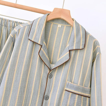 New men's sleepwear two-piece set for spring 2025 100% cotton crepe fabric vertical stripe long sleeved long pants home suit set