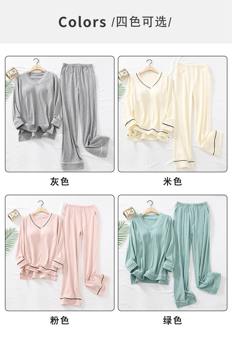 New Spring and Autumn Women's Pajamas Set V-Neck Cotton Thread Knitted Long Sleeve Pants Solid casual two-piece home clothes