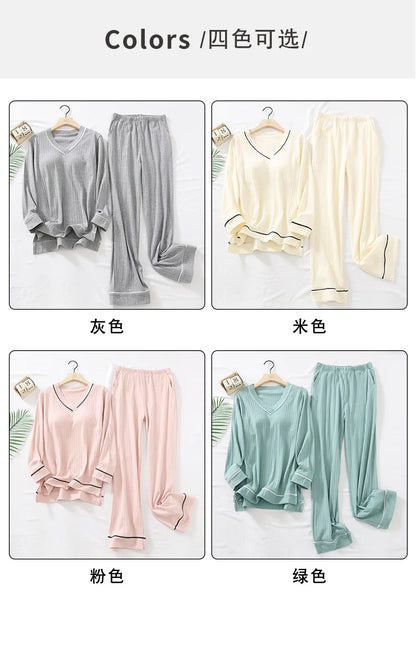 New Spring and Autumn Women's Pajamas Set V-Neck Cotton Thread Knitted Long Sleeve Pants Solid casual two-piece home clothes
