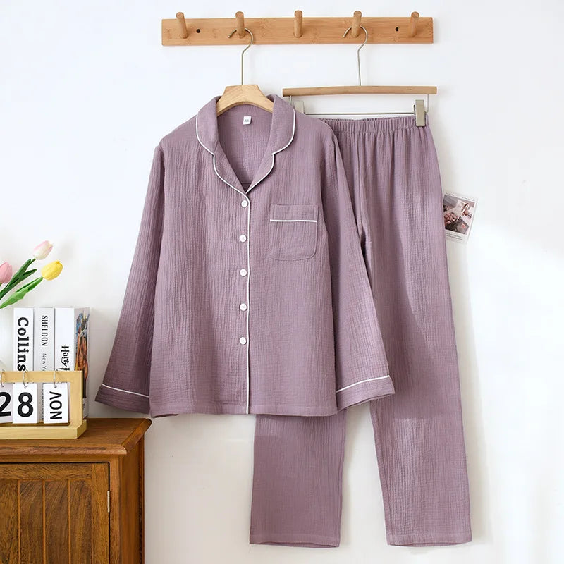 New Spring and Autumn Couple Pajamas Set 100%Cotton Crepe Long Sleeve Pants Two Piece Men's and Women's Large Size Home Garments
