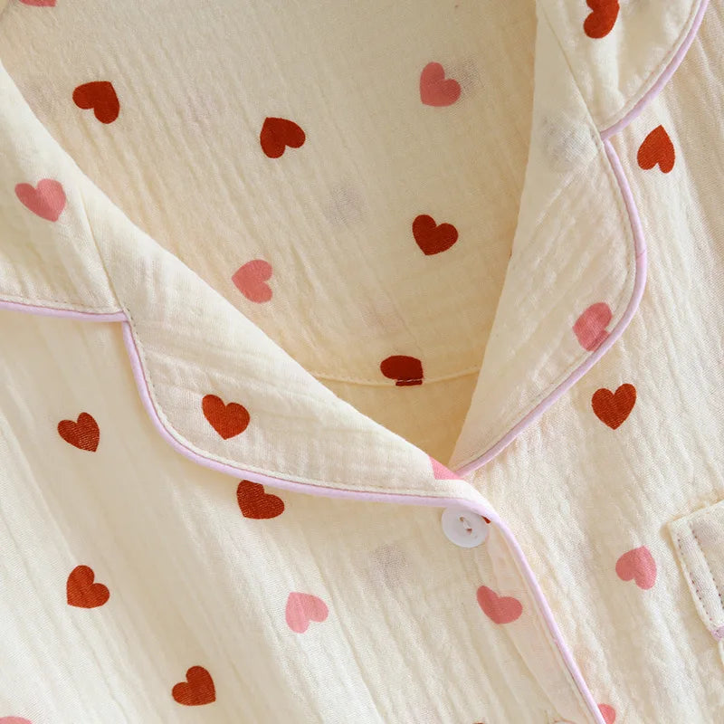 2025 New Summer Pajama Set 100% Cotton Crepe Love Short Sleeves+Shorts+Pants Three Piece Buckle Cute Home Fury Ladies Sleepwear