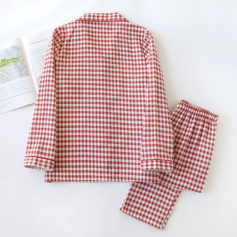 2025 Spring/Summer Couple Pajama Set 100% Cotton Double Layer Gauze Men's and Women's Japanese Plaid Set Long sleeved Home Fury