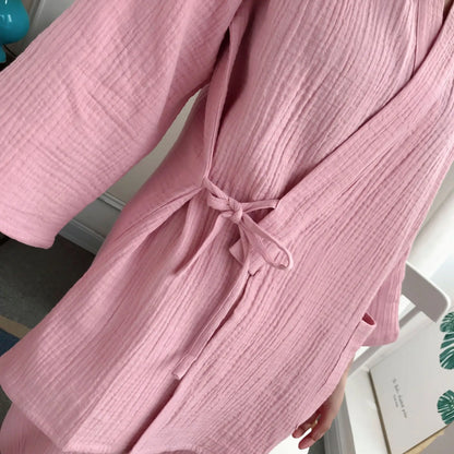 Japanese kimono suit lovers 100% cotton crepe pajamas long sleeved trousers two-piece kimono suit for men and women sleepwear