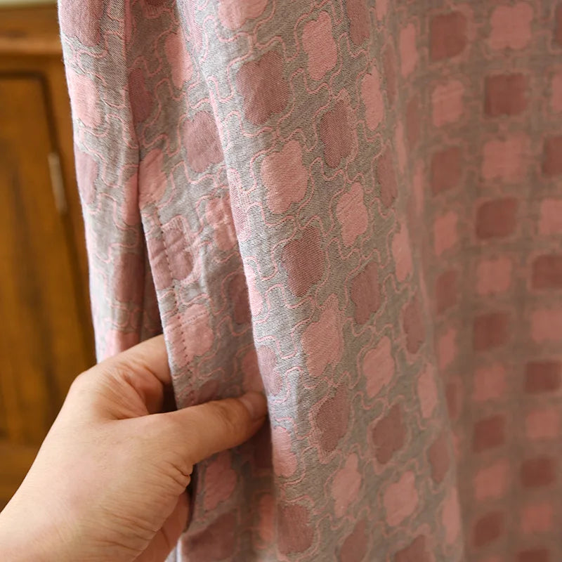 2025 New Summer Short Sleeve Sleeping Skirt 100% Cotton Yarn Weaving Jacquard Loose Pullover Mid length Plaid Skirt Home Dress