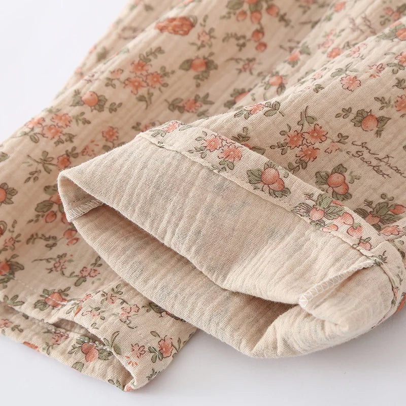 2025 Spring/Summer Women's New Pajama Set 100% Cotton Crepe Short Sleeves+Pants Flip Collar Vintage Flower Simple Homewear