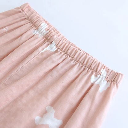 Summer new couple pajamas three-piece set short-sleeved + shorts + trousers 100% cotton gauze men's and women's home clothes
