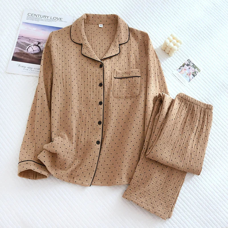 New large size pajamas women cotton crepe home service cotton long sleeve trousers suit simple and comfortable summer and autumn
