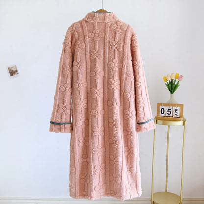 Autumn and Winter 2025 New Women's Nightgown Flannel Sweet and cute Bathrobe Women's Nightdress Stand collar Button Home Dress