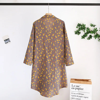 New Spring and Summer Women's Nightdress 100% Cotton Leaf Flower Long Sleeve Dress Large Home Dress Retro Long Sleeve Dress