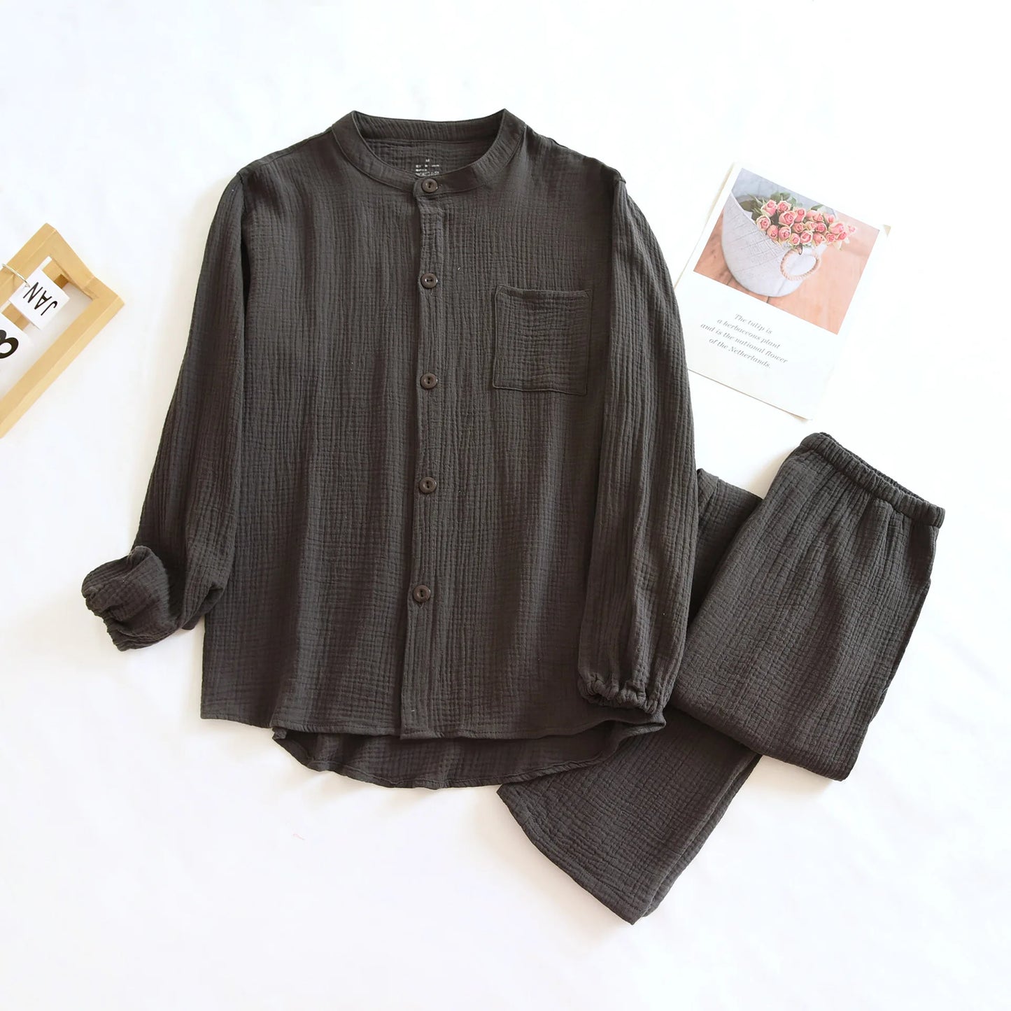 2025 New Spring and Autumn Couple Pajama Set 100%Cotton Crepe Fabric Men's and Women's Long Sleeve Pants Home Suit Two Piece Set