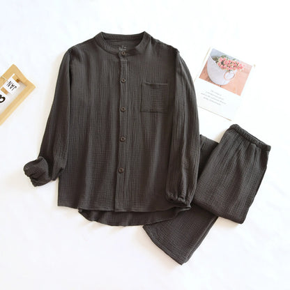 2025 New Spring and Autumn Couple Pajama Set 100%Cotton Crepe Fabric Men's and Women's Long Sleeve Pants Home Suit Two Piece Set