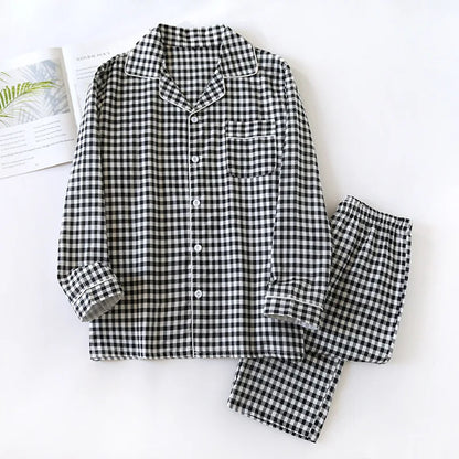 2025 Spring/Summer Couple Pajama Set 100% Cotton Double Layer Gauze Men's and Women's Japanese Plaid Set Long sleeved Home Fury