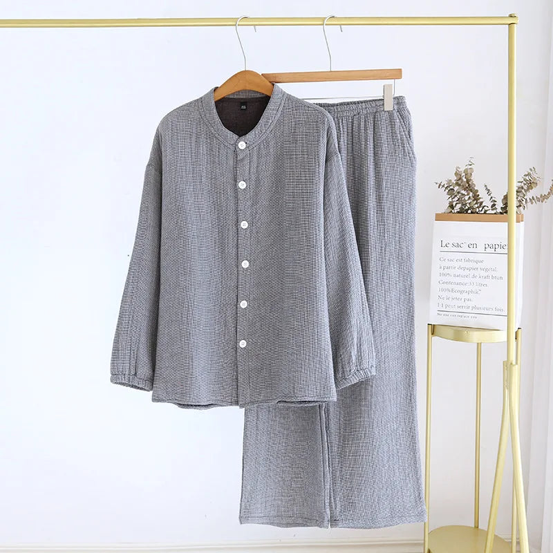 2025 Spring and Autumn New Couple Pajama Set 100% Pure Cotton Crepe Cloth Men's and Women's Stand up Neck Simple Home Clothing