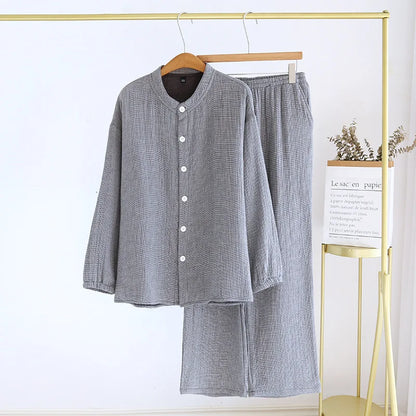 2025 Spring and Autumn New Couple Pajama Set 100% Pure Cotton Crepe Cloth Men's and Women's Stand up Neck Simple Home Clothing