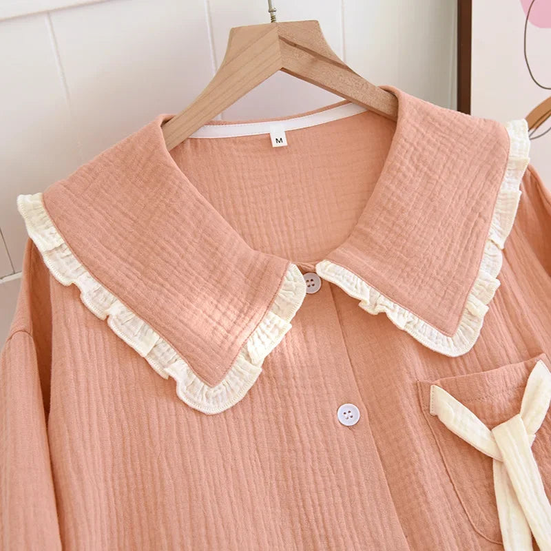 2025 new women's pajama suit 100% cotton crepe sweet lovely long-sleeved trousers two-piece home wear thin sleepwear women