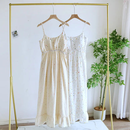2025 New Summer Women's Sleeping Skirt 100% Cotton Crepe with Chest Cushion Suspender Dress Cute Thin Home Dress Summer Dress