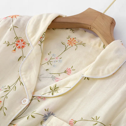 New summer women's pajamas short-sleeved shorts suit cotton double-layer gauze print fresh home clothes two-piece set ladies