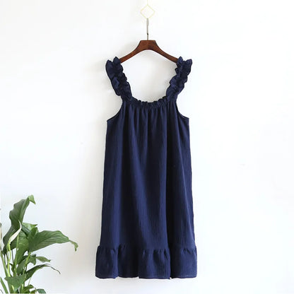 2025 Summer New Style Nightdress Ladies 100% Cotton Crepe Thin Vest Suspender Skirt Loose Long Skirt Sweet And Cute Home Skirt
