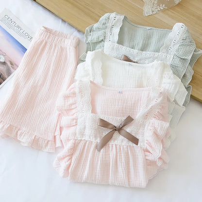 Japanese summer new short-sleeved shorts ladies pajamas set 100% cotton crepe solid color fresh home clothes two-piece set
