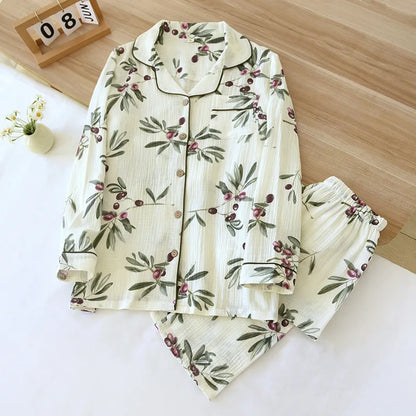 2025 Spring and Autumn Women's Pajama Set 100% Cotton Crepe Long sleeved Pants Two piece Cute and Sweet Home Fury Set Ladies