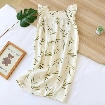 2025 Summer New Women's Sleeping Skirt 100% Cotton Crepe Sling Skirt Soft and Comfortable Sleeveless Tank Top Home Dress Ladies