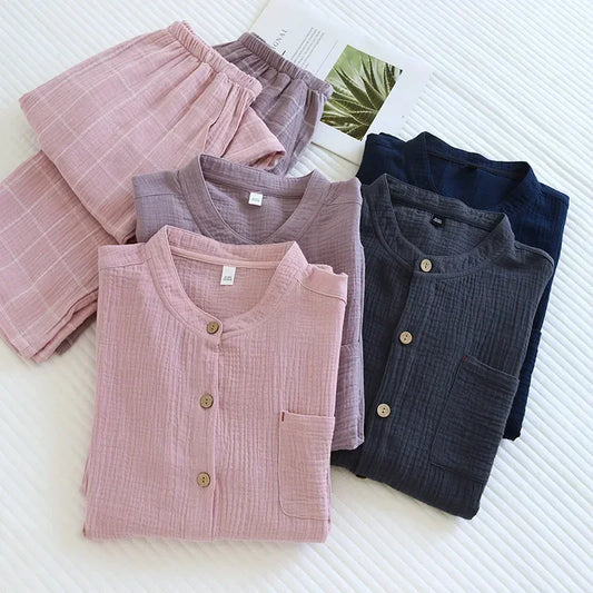 2025 Japanese style new couple sleepwear set 100% cotton crepe fabric long sleeved long pants two-piece home wear pajama