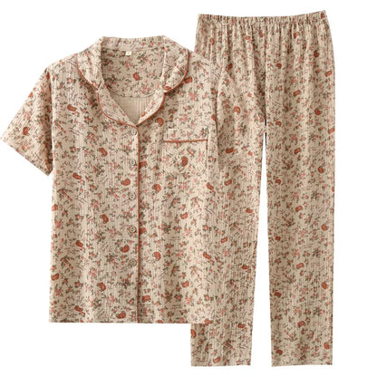 2025 Spring/Summer Women's New Pajama Set 100% Cotton Crepe Short Sleeves+Pants Flip Collar Vintage Flower Simple Homewear