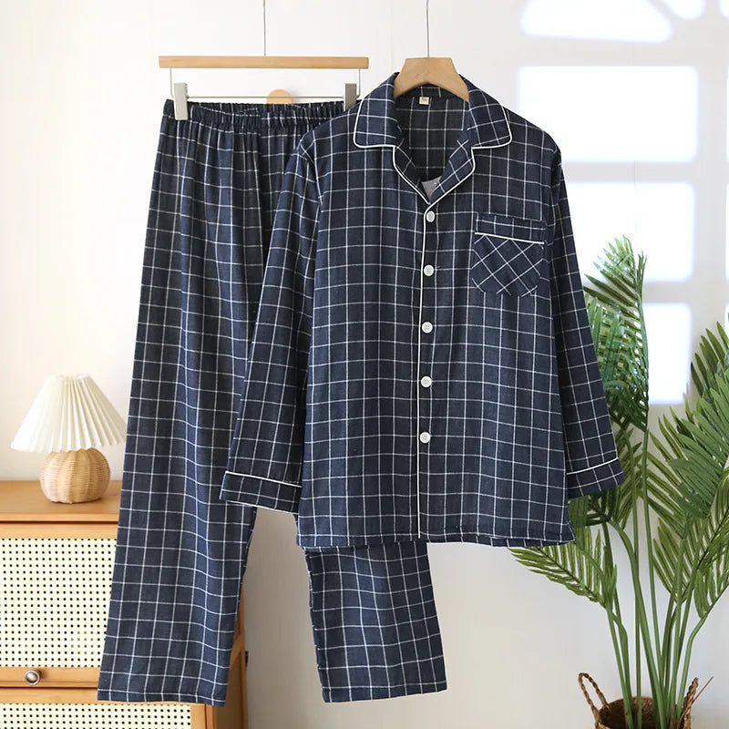 2025 New Spring and Autumn Men's Pajama Set 100% Cotton Long Sleeve Long Pants Two Piece Set Loose Large Home Clothes