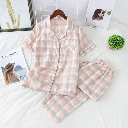 2025 Japanese style simple short women female 100% cotton gauze short sleeve trousers ladies pajamas suit cute pajamas sets home