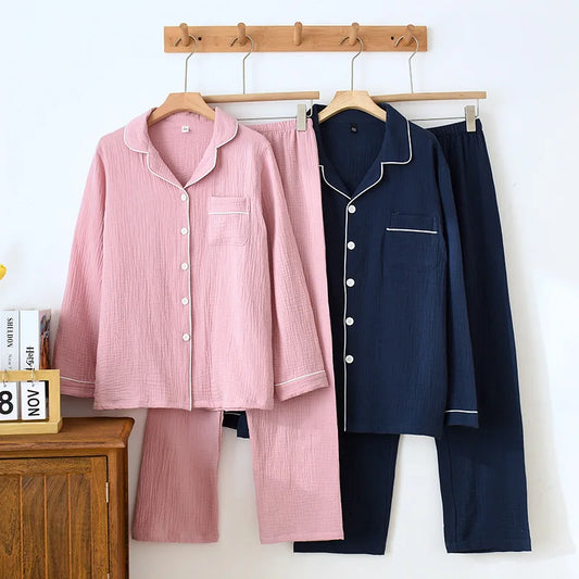 New Spring and Autumn Couple Pajamas Set 100%Cotton Crepe Long Sleeve Pants Two Piece Men's and Women's Large Size Home Garments