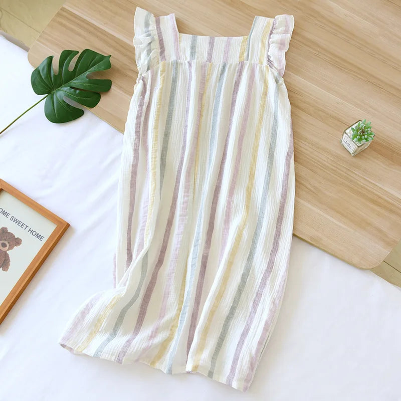 2025 Summer New Women's Sleeping Skirt 100% Cotton Crepe Sling Skirt Soft and Comfortable Sleeveless Tank Top Home Dress Ladies