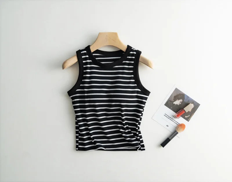 2025 Summer New Women's Tank Top Pajamas All Cotton with Chest Pads Tank Top with Stripe Sports Bottom Short Home Fur Ladies