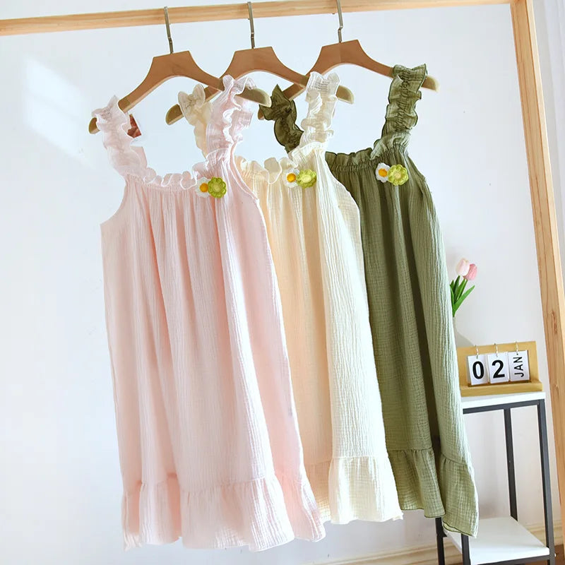 2025 summer new women's suspender nightdress 100% cotton crepe thin style solid color floral vest skirt home skirt sleepwear