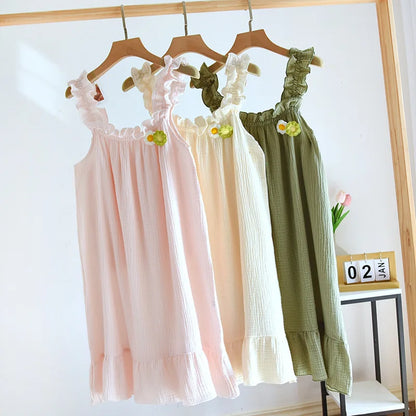 2025 summer new women's suspender nightdress 100% cotton crepe thin style solid color floral vest skirt home skirt sleepwear