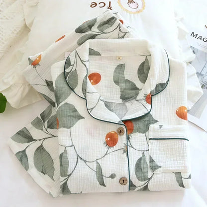 New large size pajamas women cotton crepe home service cotton long sleeve trousers suit simple and comfortable summer and autumn