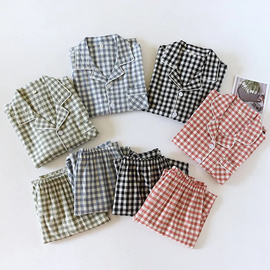 2025 New Japanese Spring and Autumn Couple Pajama Set 100% Cotton Men's and Women's Plaid Long Sleeve Two Piece Home Furnishing