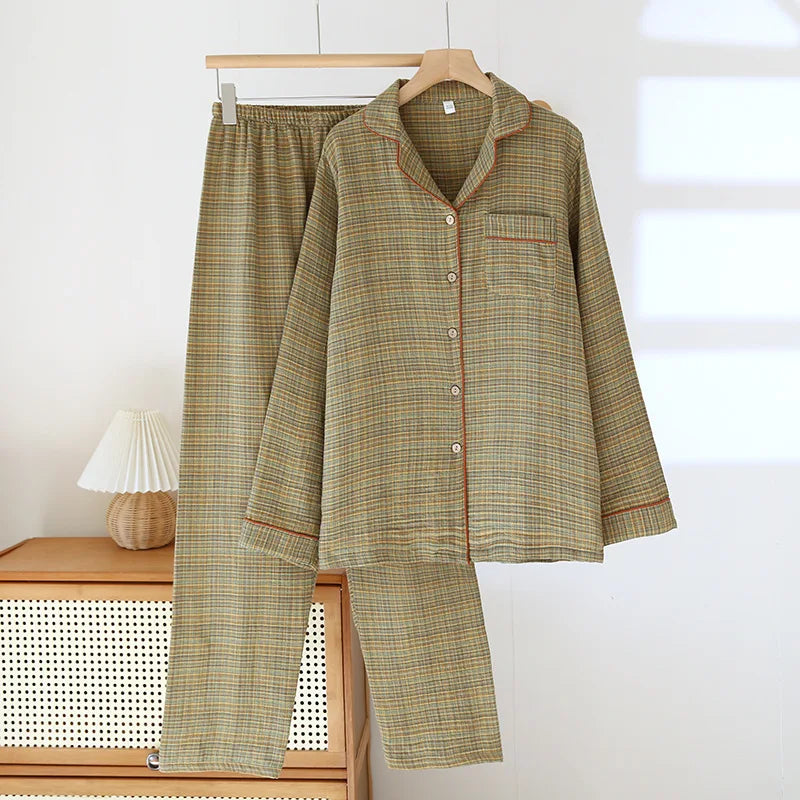 2025 Women's New Spring and Autumn Pajama Set 100% Cotton Long Sleeve Long Pants Two Piece Set Loose Collar Home Clothes Ladies