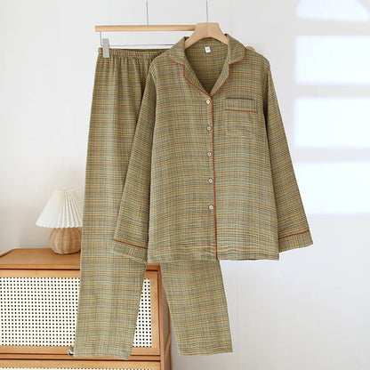 2025 Women's New Spring and Autumn Pajama Set 100% Cotton Long Sleeve Long Pants Two Piece Set Loose Collar Home Clothes Ladies