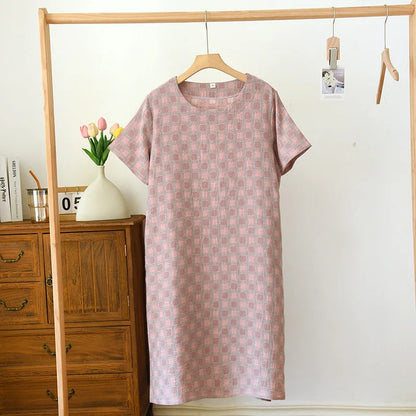 2025 New Summer Short Sleeve Sleeping Skirt 100% Cotton Yarn Weaving Jacquard Loose Pullover Mid length Plaid Skirt Home Dress