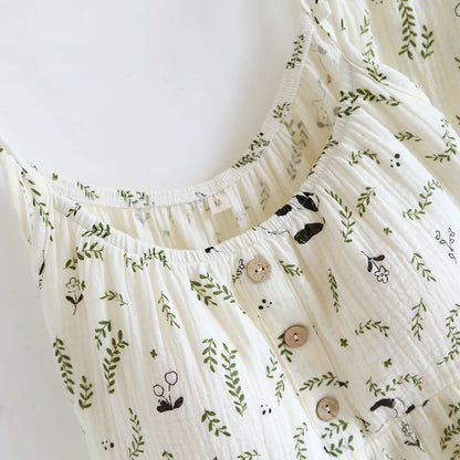 2025 New Summer Women's Pajamas Two Piece Set 100% Cotton Crepe Cloth with Chest Cushion Suspender+Shorts Set Cute Home Fury