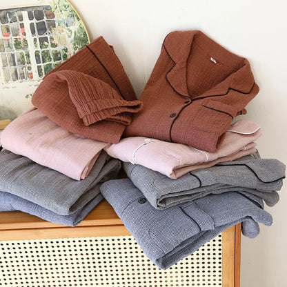 2025 New Spring Couple's Pajama Set 100% Cotton Four Layer Gauze Men's and Women's Long Sleeve Long Pants Two Piece Home Clothes